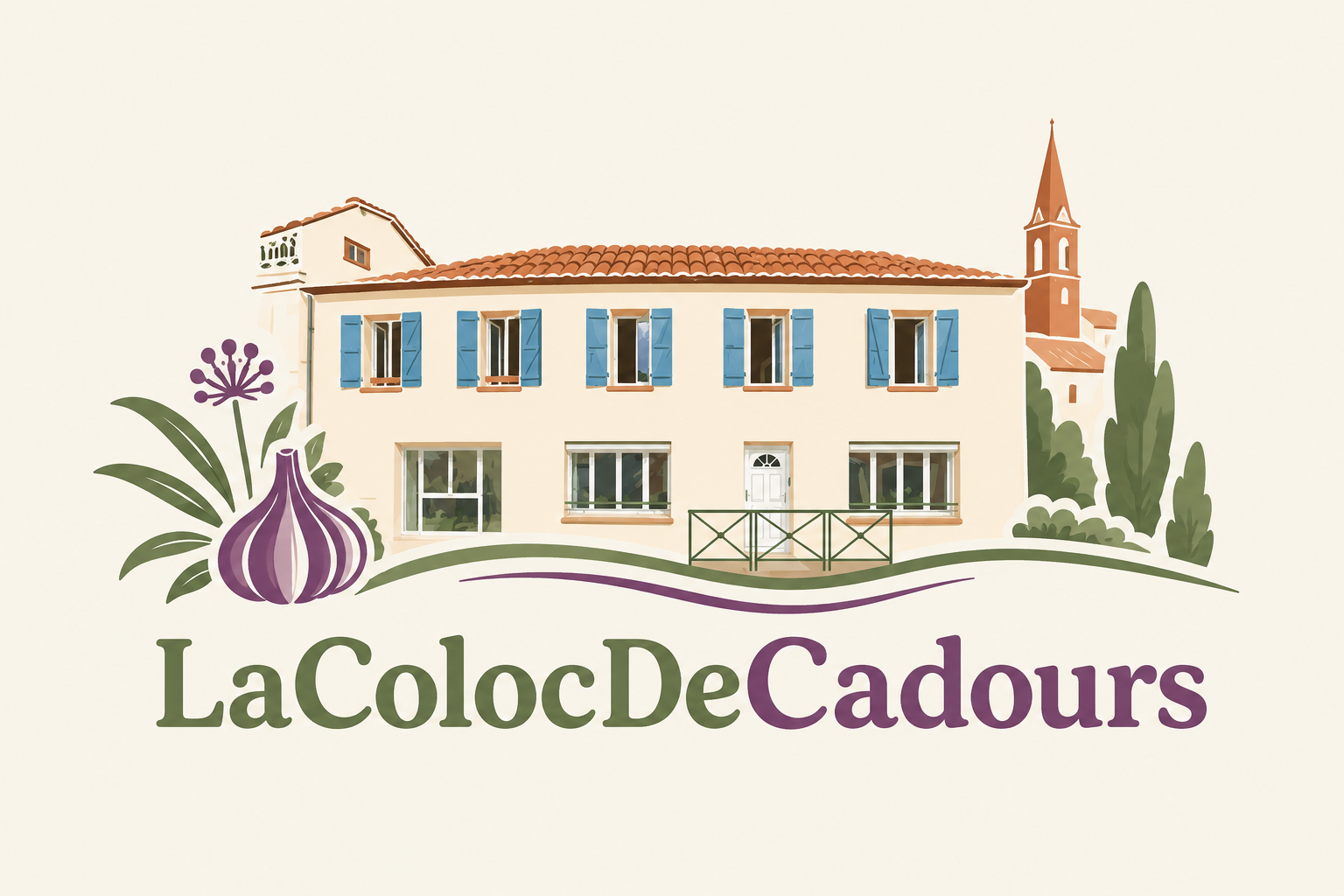 Logo La Coloc De Cadours avec maison traditionnelle, volets bleus, ail violet de Cadours ainsi que la clocher de Cadours